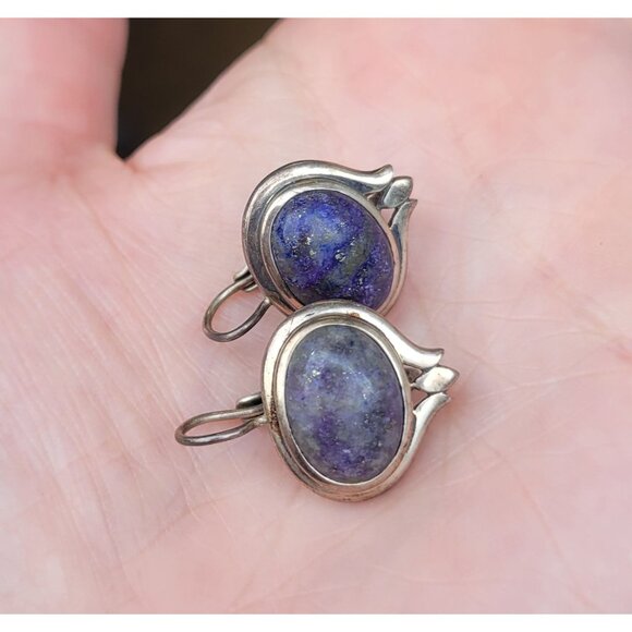 Vintage Sterling Silver 925 Thailand Lapiz Lazuli Fishhook Earrings E1 - Picture 9 of 9